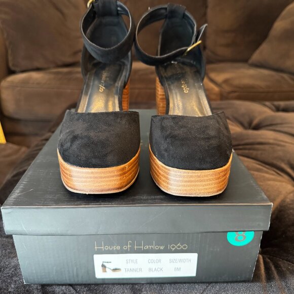House of Harlow Black Suede Block Heel Platform Sandals SZ. 8 - EUC - Picture 1 of 5
